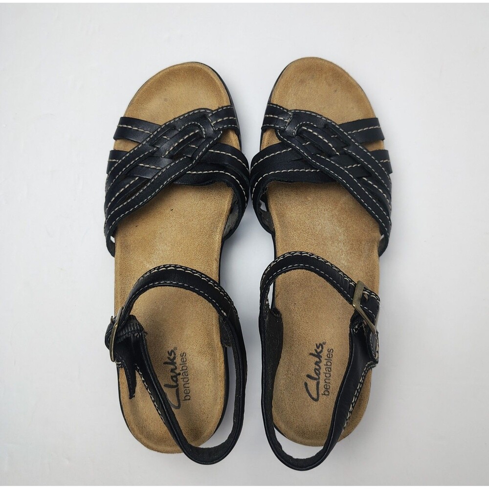 Clarks Bendables Womens 8.5M Black Leather Strappy Wedge Sandals Ankle Straps - Picture 3 of 11